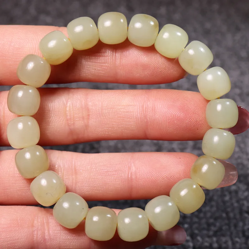 Xinjiang Hetian Oil Run Qiemo Sugar White Jade Old-Styled Bead 9 * 10mm Bracelet Men and Women with Certificate