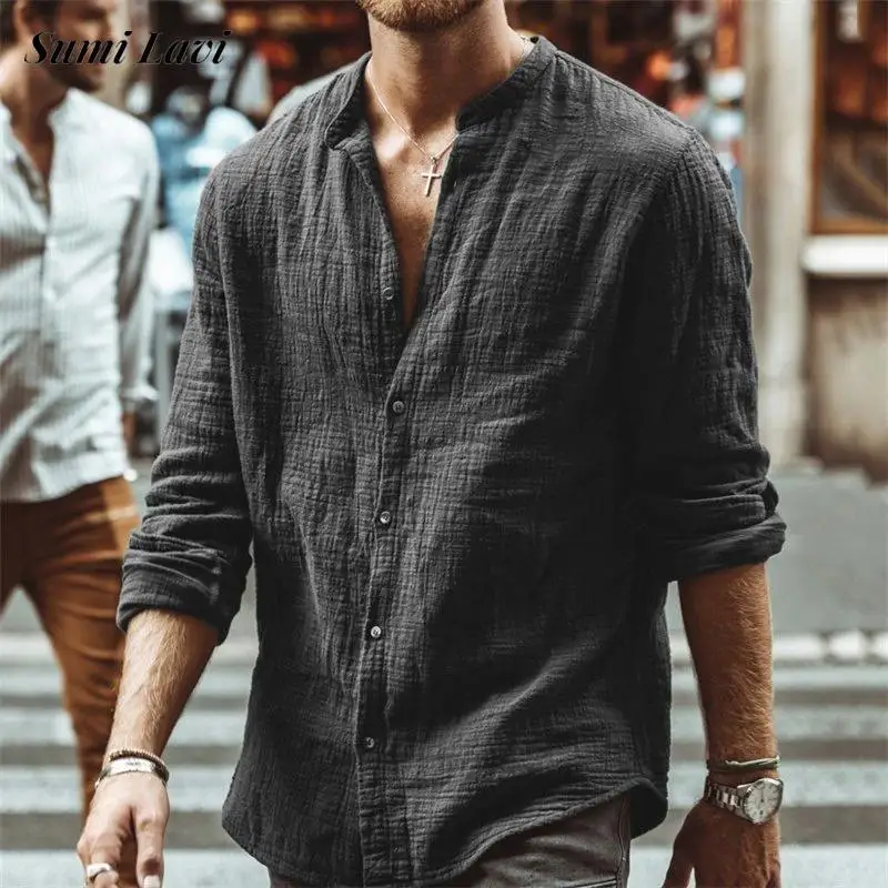

Cotton Linen Casual Shirts For Men Vintage Stand Collar Button-up Solid Color Shirt Autumn Fashion Mens Long Sleeve Cardigan Top