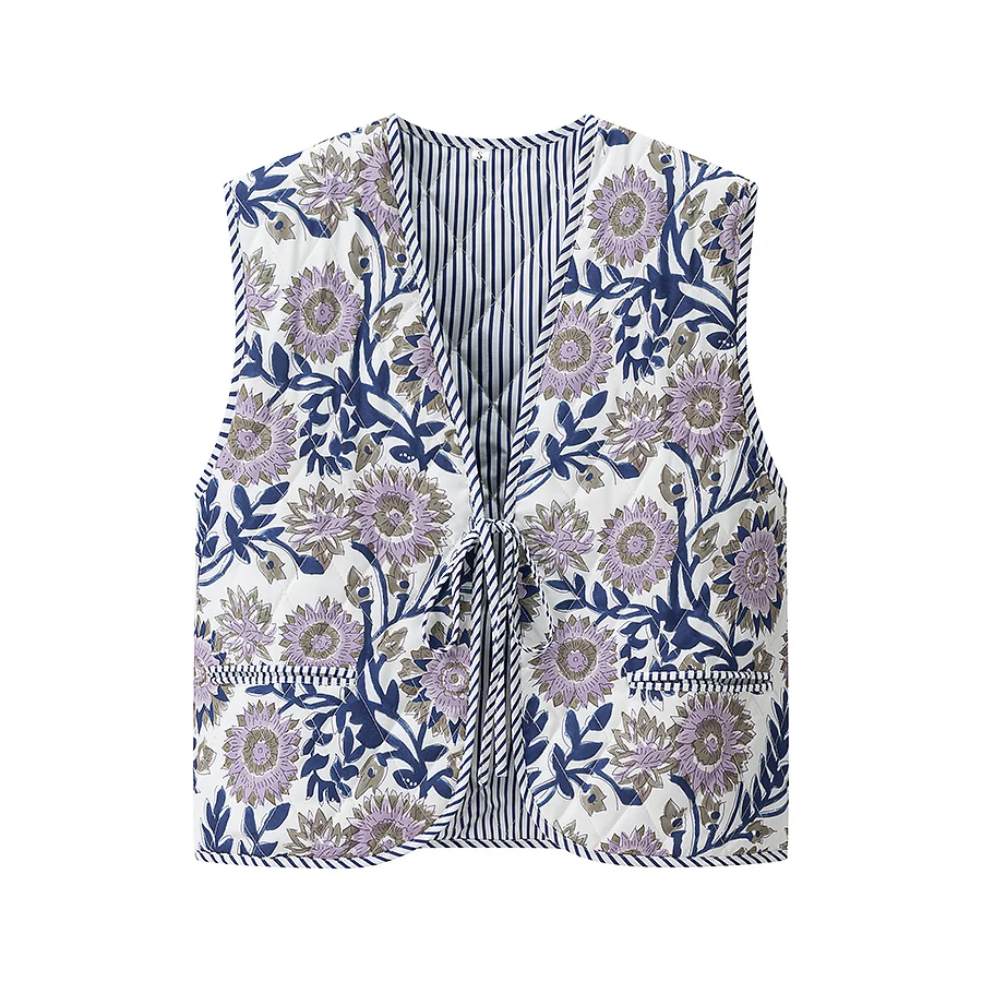 Fashionable Printed V-Neck Women's Jacket Autumn Winter New Style Cotton Vest with Pocket Elegant Personality Commute Style