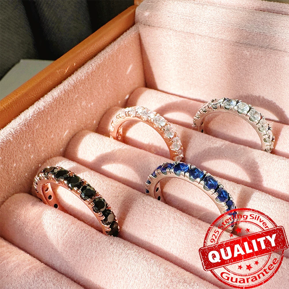 Brilliant And Fashionable 925 Sterling Silver Four-color Rose Gold Blue Eternity Gemstone Ring Niche Couple Jewelry Gift