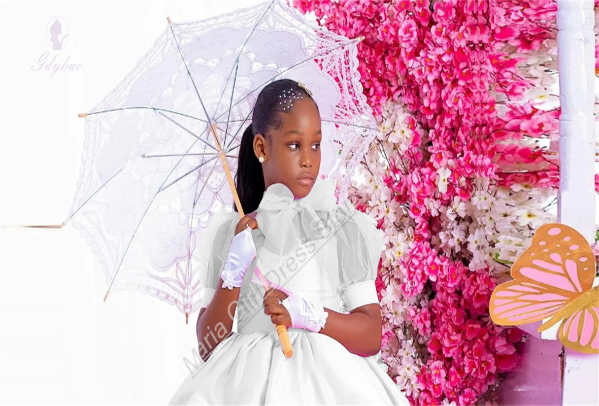 

Charming Child Wedding Birthday Party White Dress Sheer Neck With Bow Flower Girl Dress Fluffy Short Layering