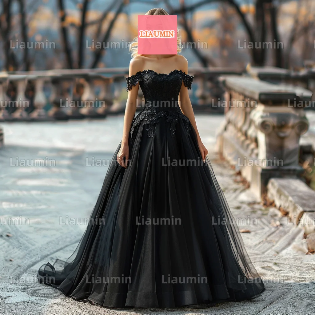 

Custom Hand Made A Line Black Tulle With Lace Applique Beading Off The Shoulder Evening Prom Dresses Full Length Formal W17-1.9