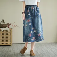 Waed Denim Mid-Length Elastic Waist Loose f Skirt Fre Sle Embroidered Patchwork Japanese New Model Women's Skirt - Image 2