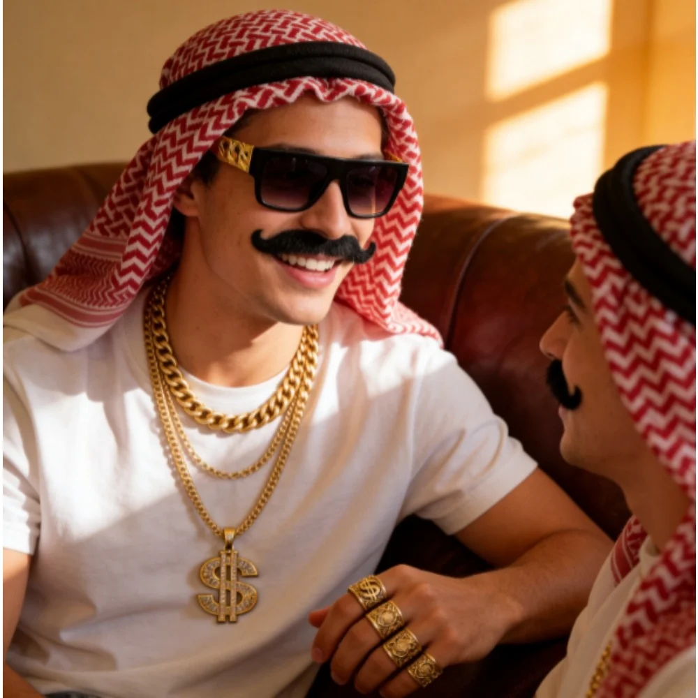 

Arab Sheikh Costume Accessories Set, Saudi Keffiyeh Headscarf Gold Chain Sunglasses for Men