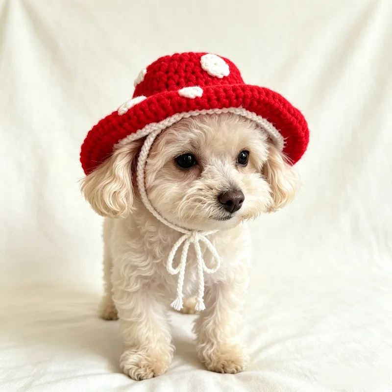 Handmade Crochet Pet Mushroom Hat Spotted Soft Wide Brim Knitted Hat Pet Photo Shoot Decorative Headwear Party Costume Cats Dogs