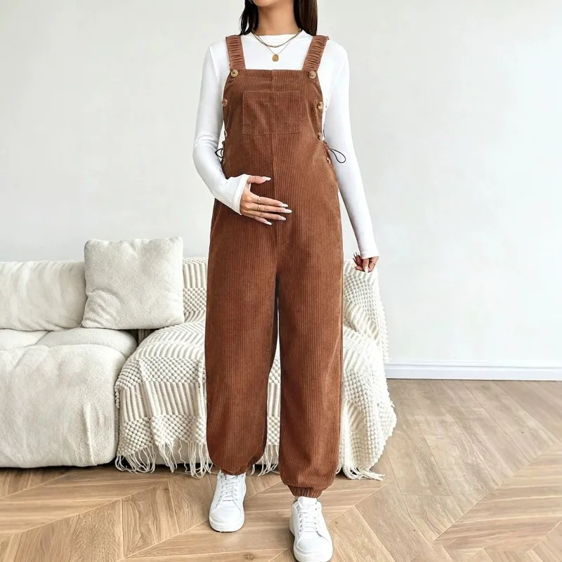 Autumn Winter Corduroy Maternity Overalls Adjustable Waist Cuffed Loose Pregnancy Women Jumpsuit Rompers Long Pants