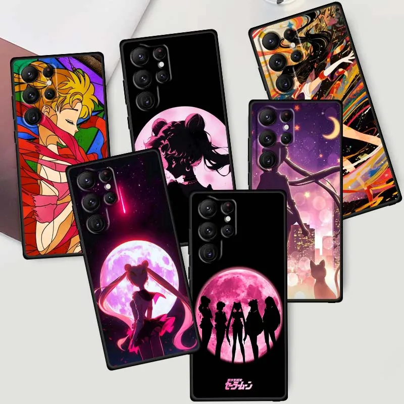 

S-Sailor M-Moon Cartoon Art Phone Case For Samsung Galaxy S25 S24 S23 S22 S21 S20 S10 Ultra Plus FE 5G Black Soft TPU Cover