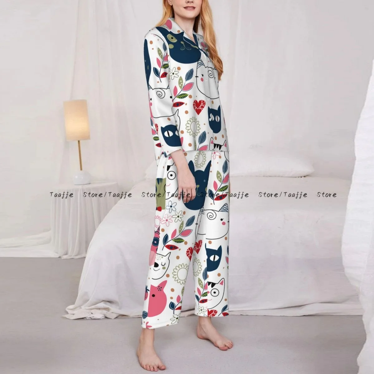 

Women Sleepwear Loungewear Cute Cat Heads Long Sleeve Lapel Neck Shirt and Elastic Waist Pants Pajamas Set