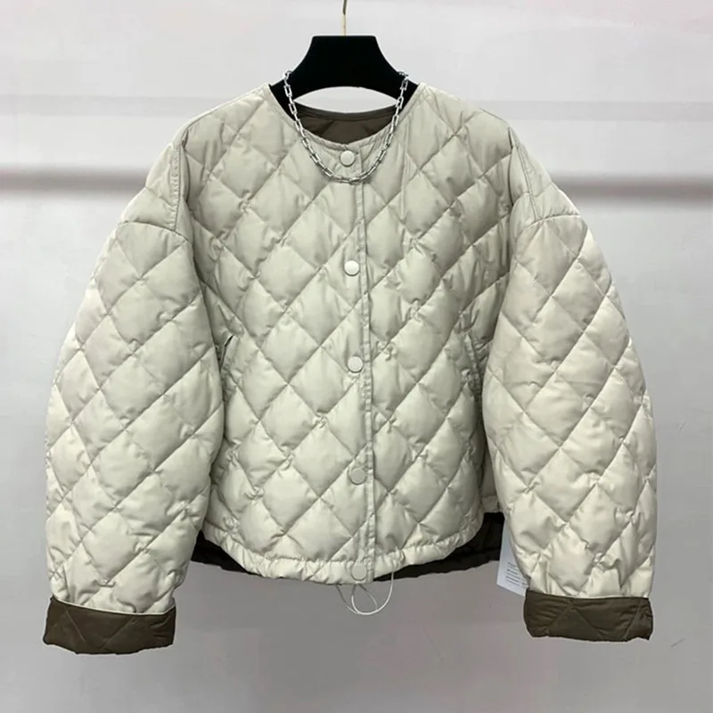 Women Reversible Diamond Quilted Padded Coat Winter Round Neck Loose Single Breasted Warm Contrast Cuff Outerwear