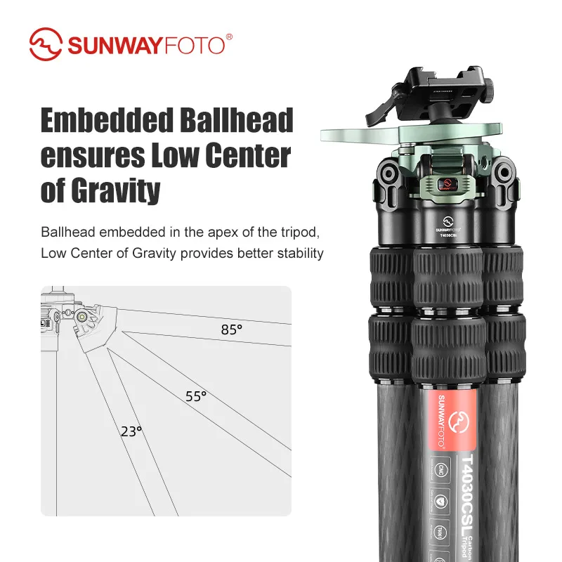 SUNWAYFOTO T4030CSI, 68” Tall Inverted Leg Series Carbon Fiber Tripod with 38mm Arca Ballhead, 40mm Tubes 3 Section