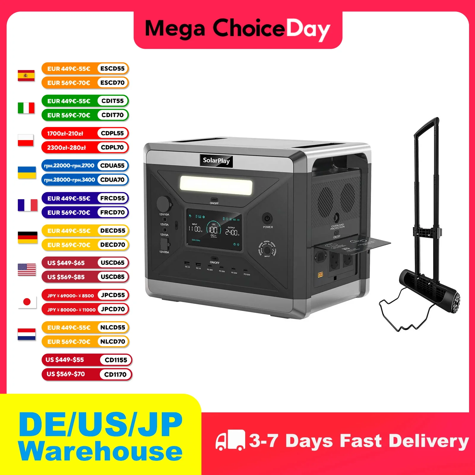 

Электростанции SOLARPLAY Q2501, портативные перезаряжаемые батареи Lifepo4 мощностью 2400 Вт, функция ИБП с ручной тележкой, туристическое снаряжение