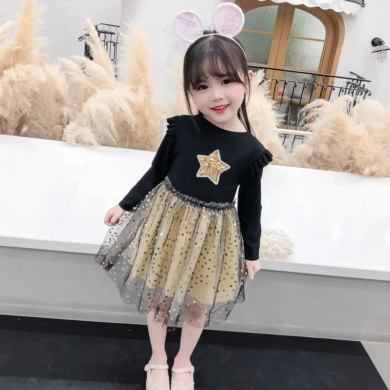 

Star Decoration Gauze Dress Kids Girls Autumn Long Sleeve Princess Christmas Birthday Gifts Party Casual Dresses 2-6 Year Old