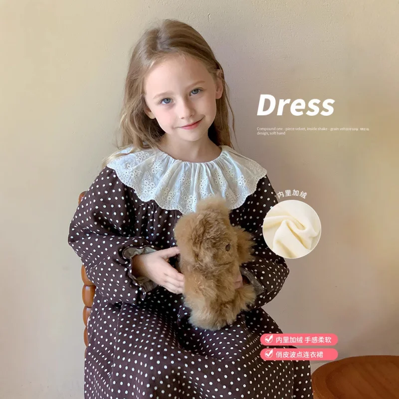 

Korean Girls' Retro Fleece-Lined Thickened Dress Children's Sweet Cute Printed Warm Dress Autumn Winter New Arrival