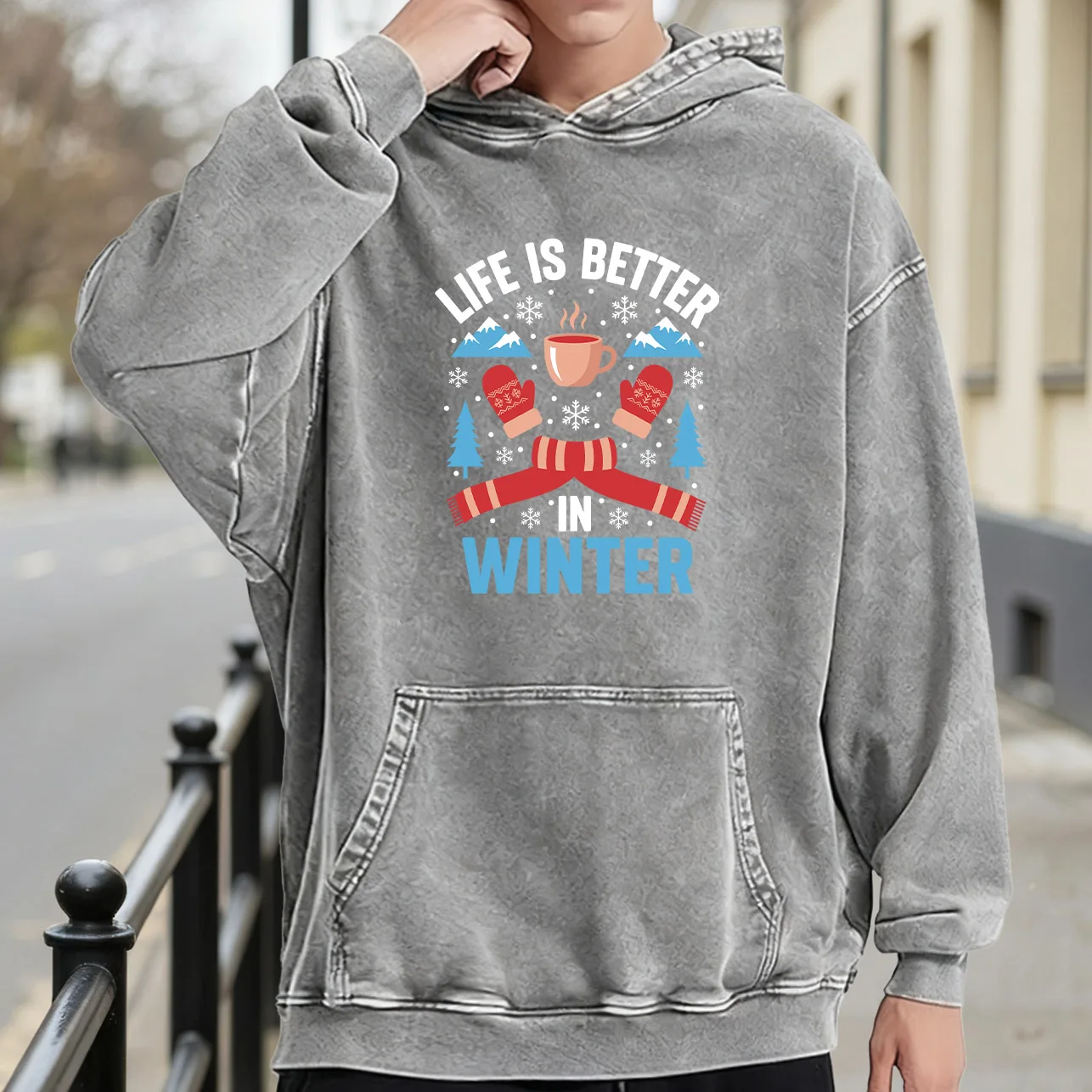 

Life Is Better in Winter Мужская винтажная потертая толстовка с рисунком, потертый пуловер в стиле ретро, уличная повседневная толстовка
