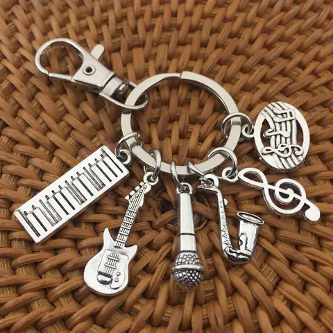 Saxophone Notes Microphone Guitar Band Music Key Chains, keyring,Silver Color, Women Jewelry Man Accessory Pendant Fashion Gift