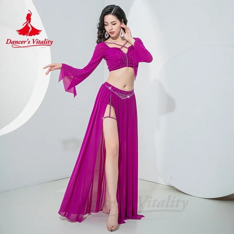 

Belly Dance Performance Suit for Women Mesh Long Sleeves+split Long Skirt 2pcs Oriental Belly Competition Professional Cothing