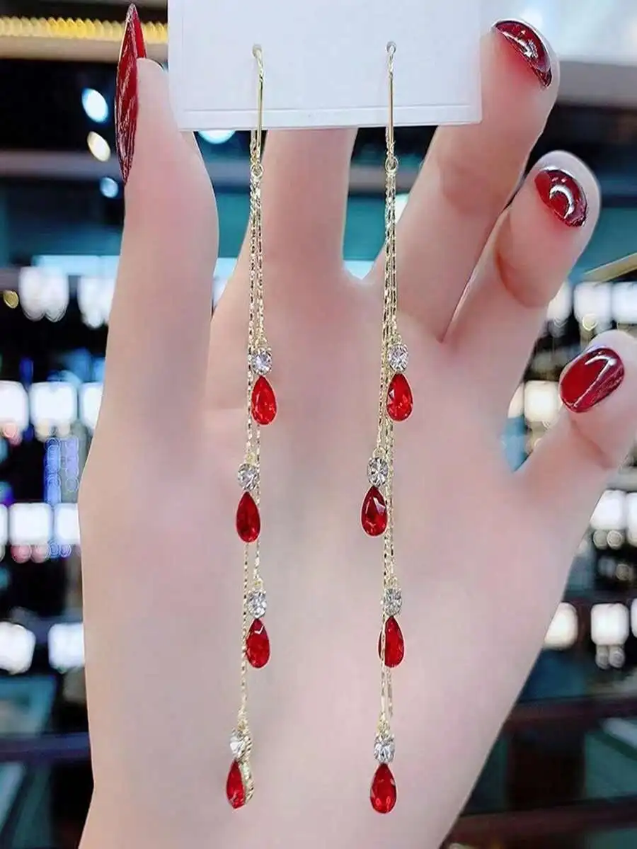 

Fashion Rhinestone Water Drop Long Tassel Earrings For Women