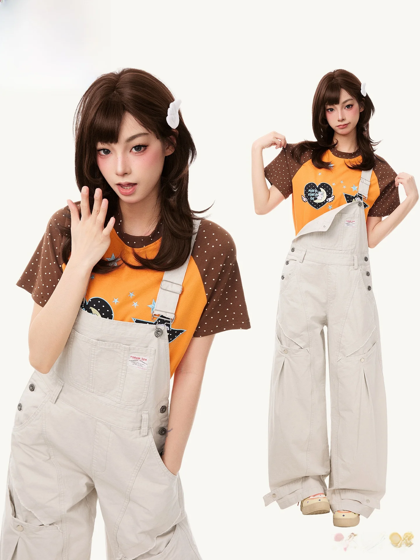 PBB American Casual Deconstructed Multi-Pocket Women's Loose Lazy Style  Color Wide Leg Jumpsuit Long Pants