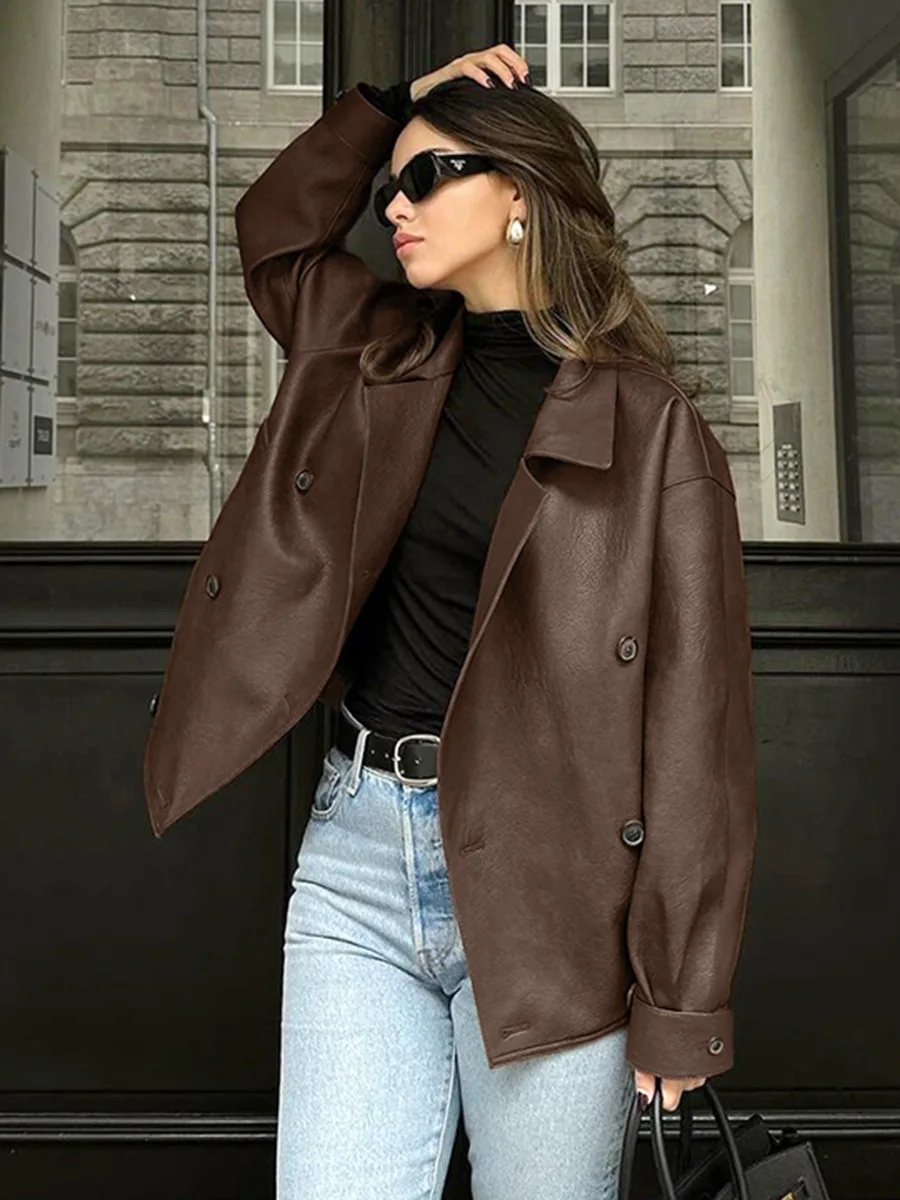 Streetwear feminino solto longo plutônio jaqueta de couro falso outono feminino botão casaco vintage moto biker outwear estilo dinheiro velho 2024 novo