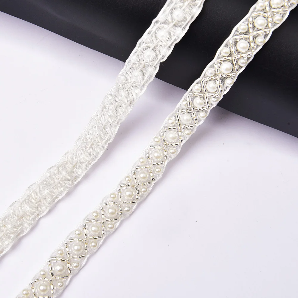 Pearl Beaded rhinestone Trims Sew on Mesh Lace Ribbon Banding Garment Applique DIY hair Clothes Wedding Dress Belt Accessories