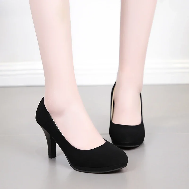 2024 Spring/Summer/Autumn New Shallow Mouth Single Shoes Girl High Heel Round Head Black Professional Work Shoes