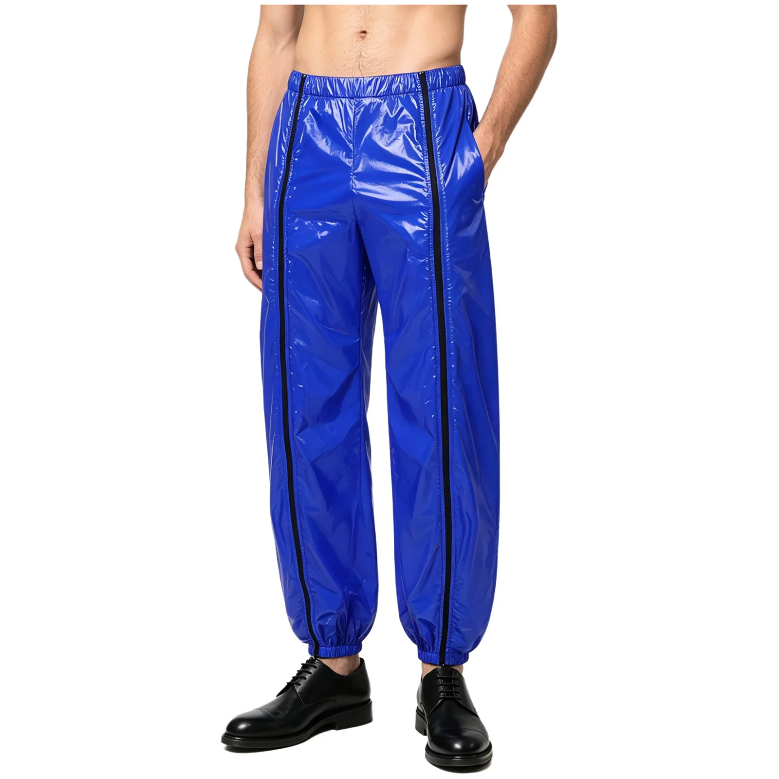Mens Glossy Vinyl Waterproof Shiny Streetwear Long Pants Sides Pockets Two-way Zippers at Front Trousers Rave Party Clubwear