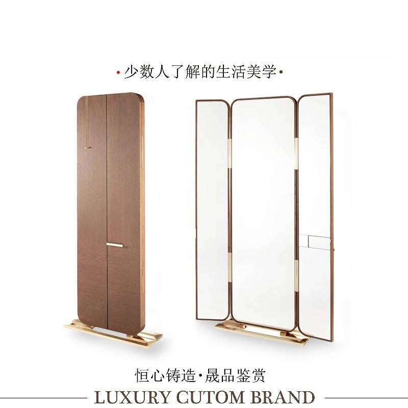 Modern simple solid wood three-fold full-length mirror designer villa luxury bedroom living room creative floor-to-ceiling