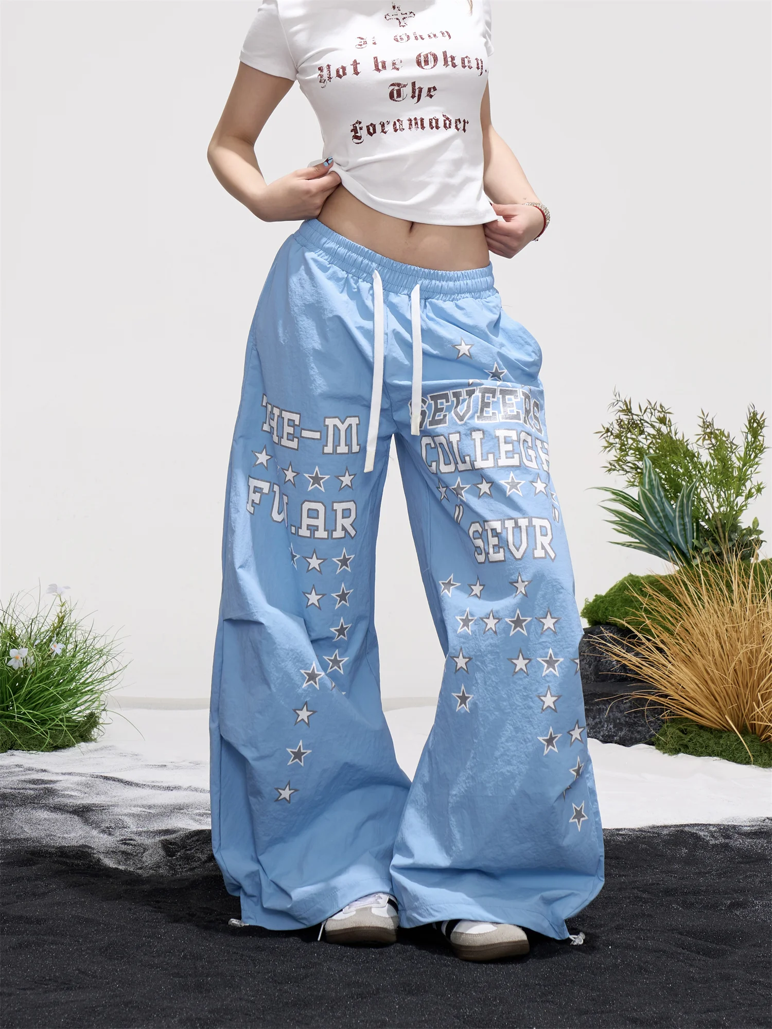 

American Retro Star Letter Print Wide Leg Pants Women's Belt High Waist Loose Slimming Gown Knife Pants Casual Style