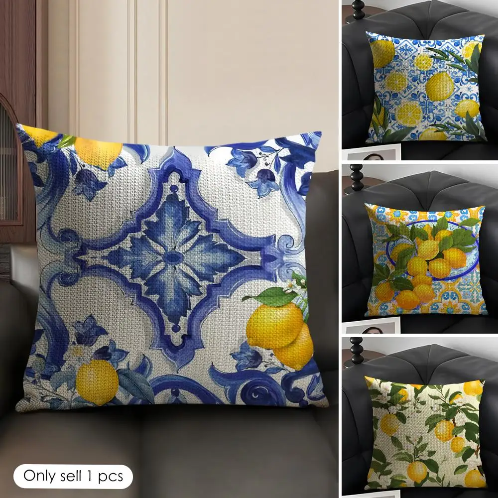 Mediterranean Lemon Tile Pattern Cushion Cover Natural Linen Organic Fabric Double-Sided Printing Breathable Gift For Decor