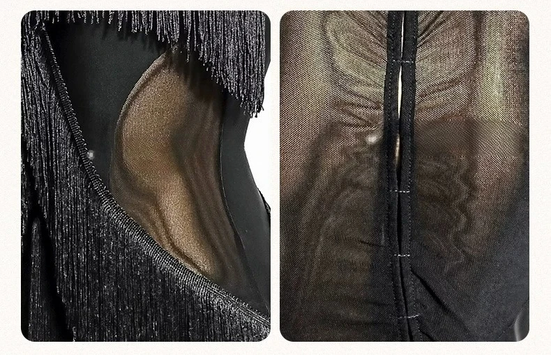 Lateinamerikanisches Tanzkostüm für Damen, schwarzes Fransenkleid, Tango, Samba, Rumba, Performance-Kostüme, nationaler Standard, unregelmäßiger Kunstanzug – Detail 3