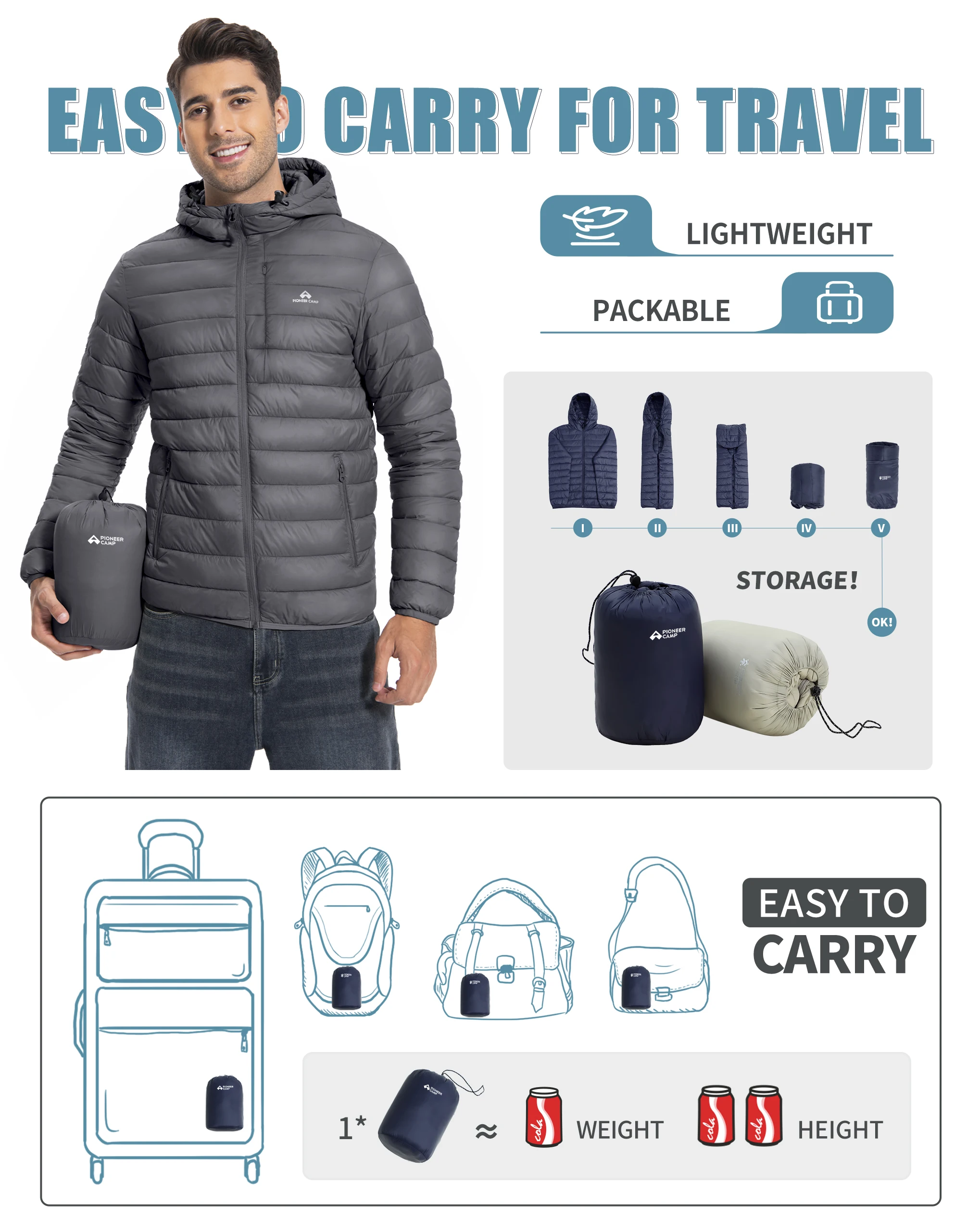 Pioneer Camp Men's Lightweight Packable Puffer Jacket with Hood Warm Puffy Winter Jacket Coat Insulated for Ski Hiking Travel