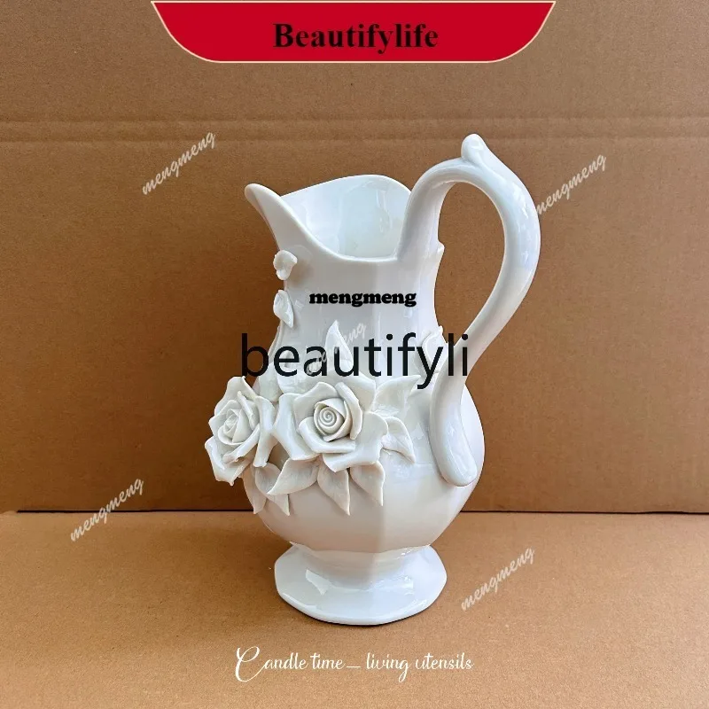 European-style exquisite hand-squeezed rose ceramic water liter vase restaurant flower arrangement decorative vase  DD