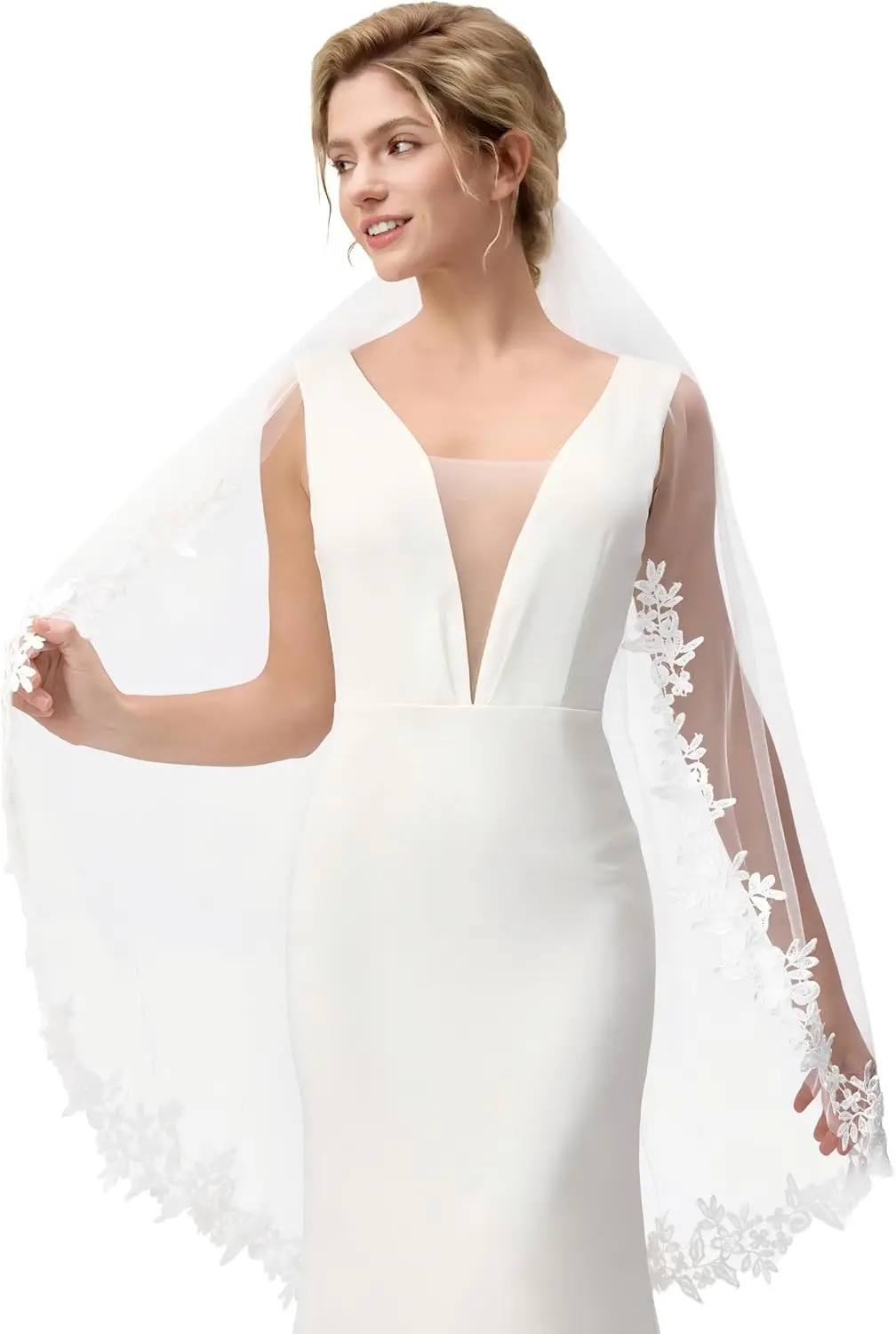 

Элегантная одноярусная кружевная свадебная фата с металлическим гребнем, идеально подходит для свадебного наряда.