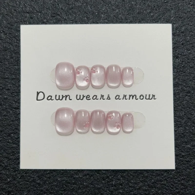 

Handmade Short Pink Cat Eye Cat Paw Design Cute Decorated False Nails with Box and Tools Acrylic Fake Press on Nails with Glue