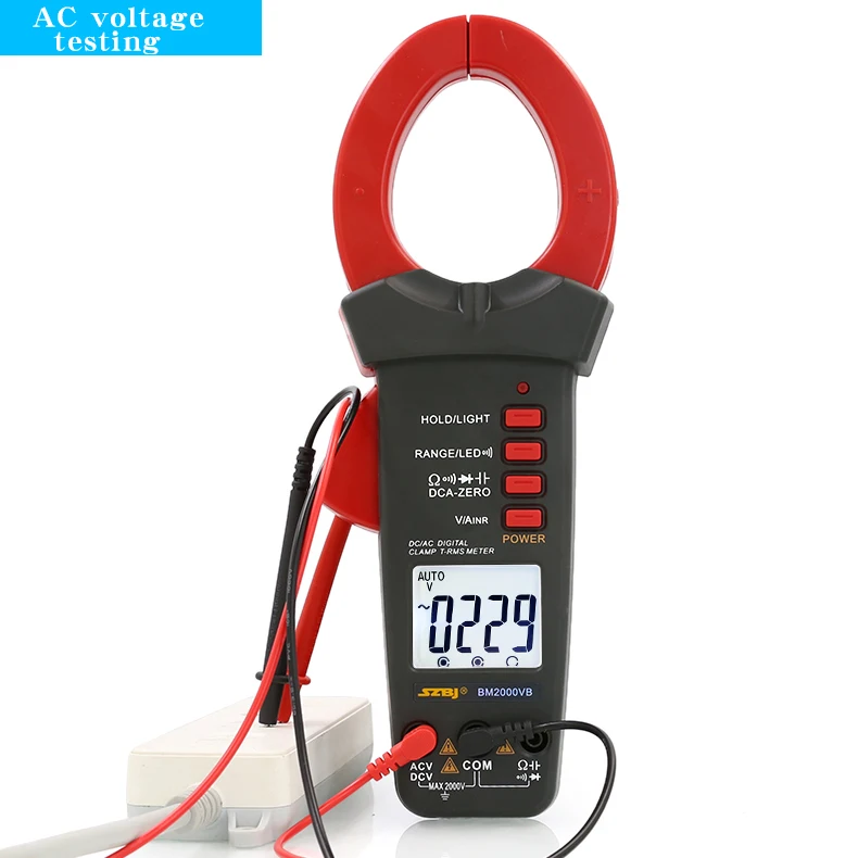 The SZBJ BM2000VB is a high-precision clamp multimeter that measures up to 2000V and 2000A for both AC and DC currents