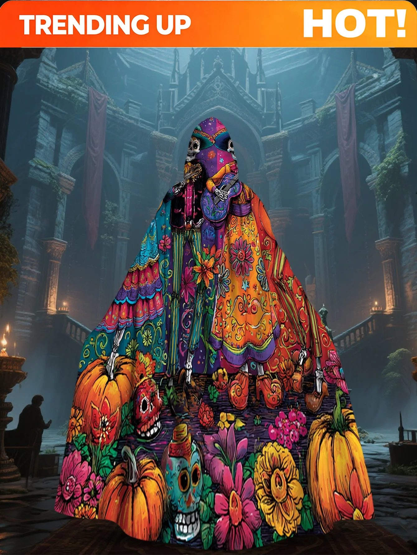 Customization 1pc Lianyaoshi Selection 2D Flat Printing Day Of The Dead Cozy Hooded Cape, Skeleton Guitarist & Floral, 100% Poly