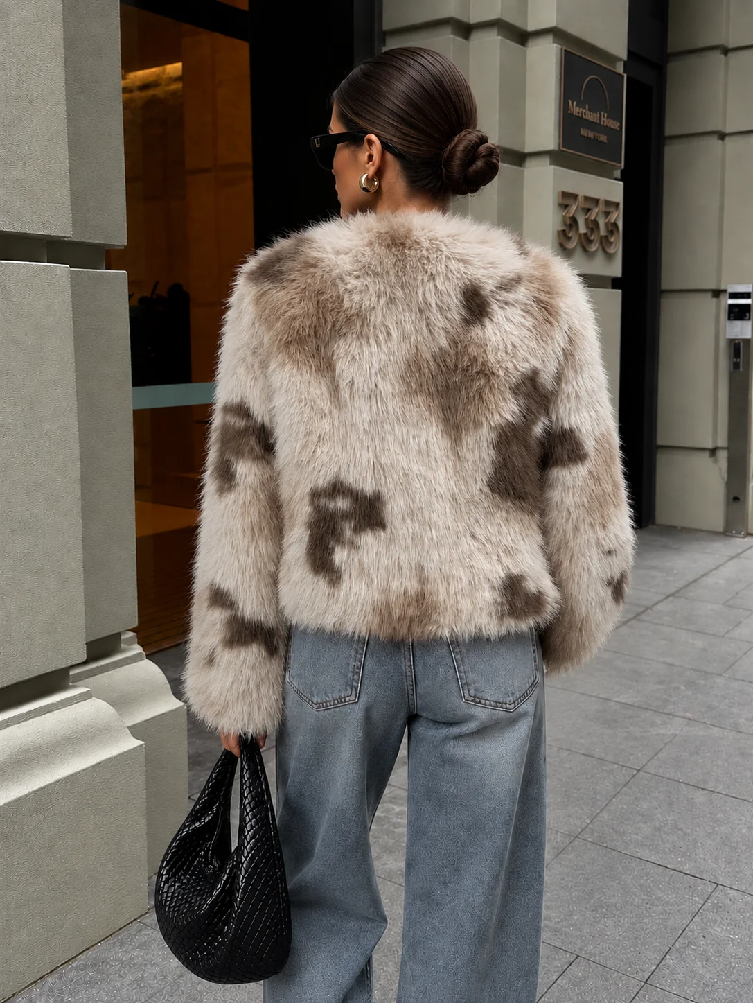 Casual Women's Faux Fur Jacket Shaggy Fuzzy Patchwork Coat Long Sleeve Fluffy Plush Winter Warm Short Outerwear Chic Furry Coat