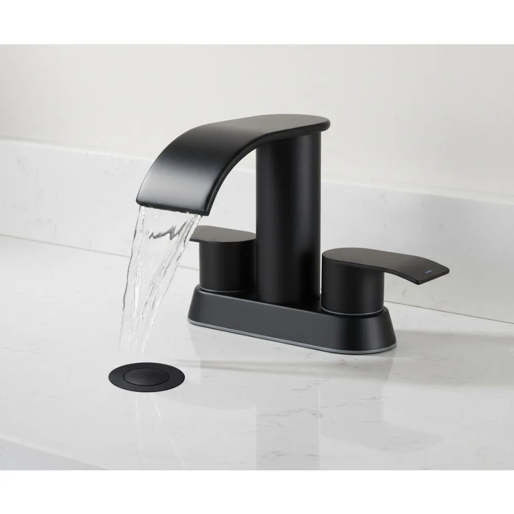 

Elegant Waterfall Bathroom Faucet Matte Black, 2-Handle Design with Metal Pop-Up Drain for Modern Homes