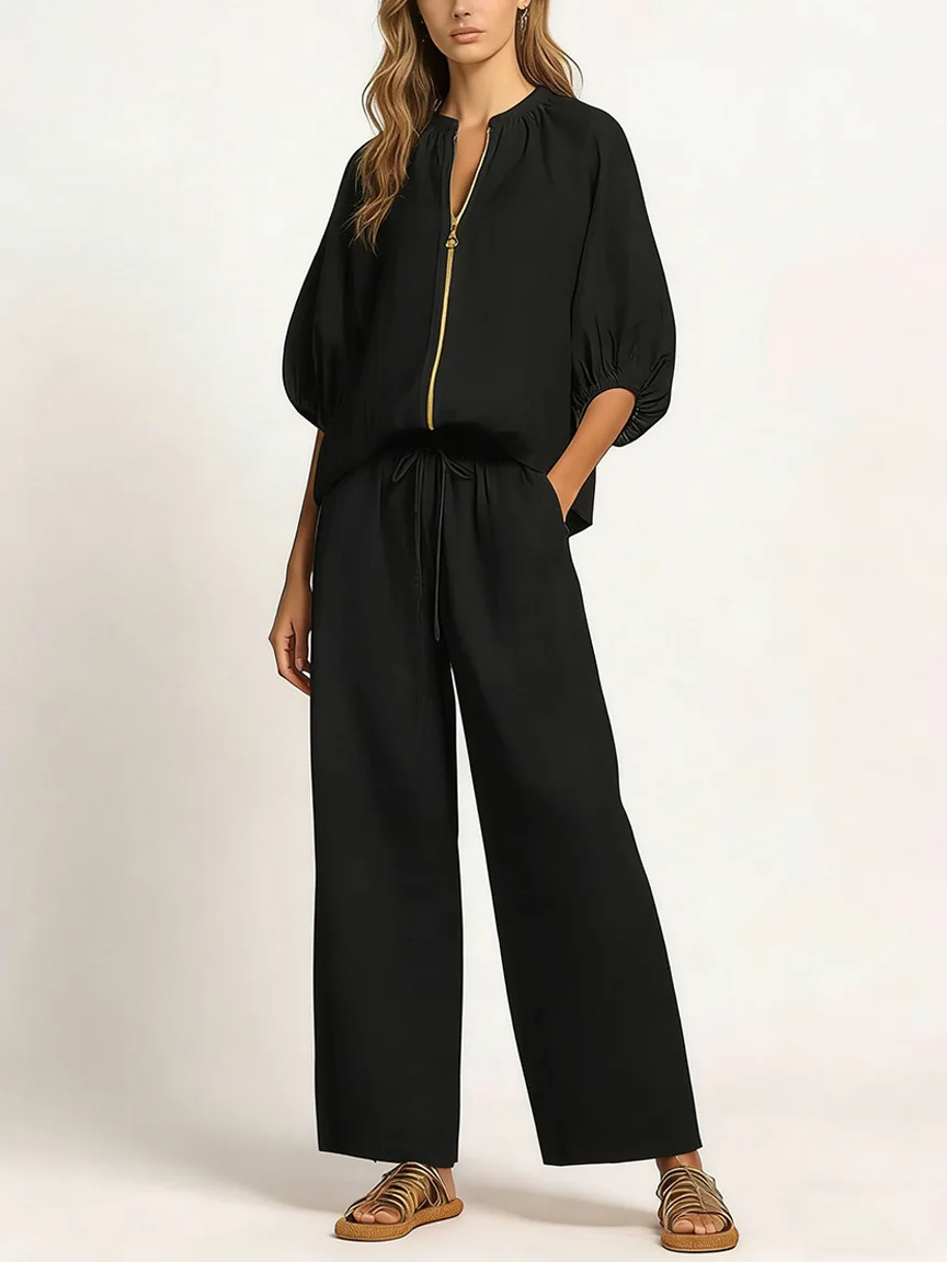 Novedad de Verano 2026: Ropa de Mujer Estilo Occidental para Comercio Exterior, Casual, Holgada, de Color Liso, con Cremallera y Cuello Redondo, Pantalón de Pierna Ancha