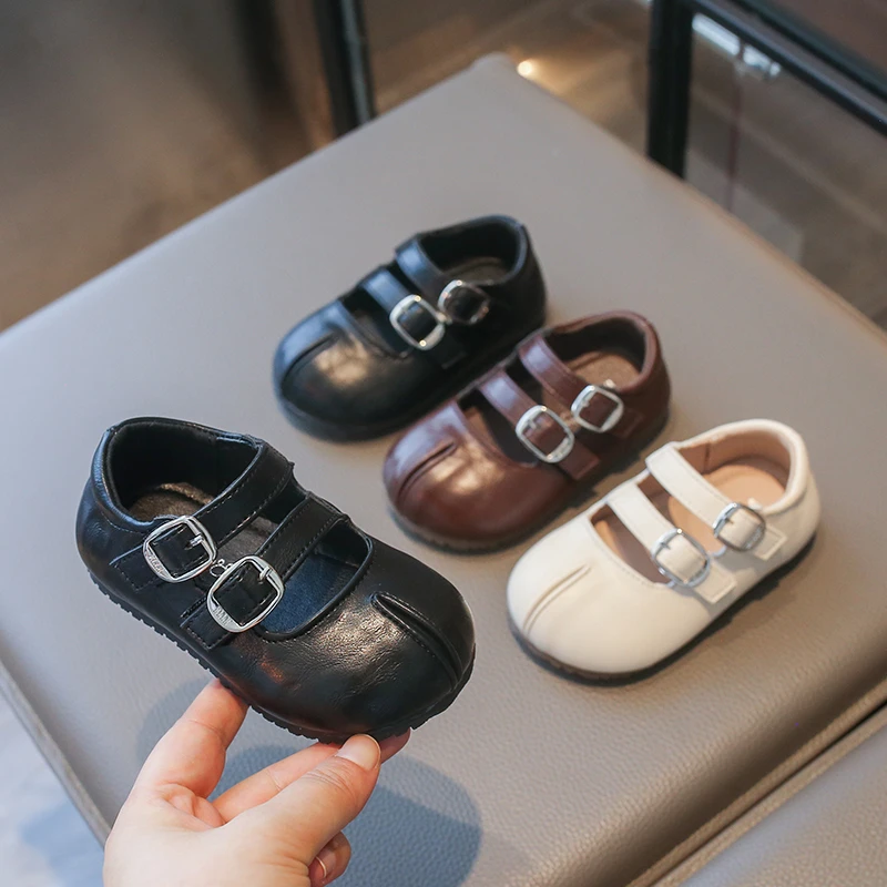Girls Mary Jane Shoes with Double Metal Buckle Children Flats Leather Shoes Soft Sole Non-slip Baby First Walker Shoes Hook Loop