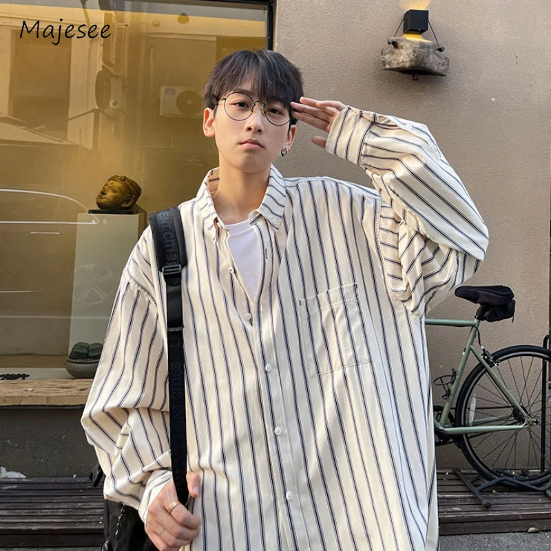 

Striped Shirts Men Advanced Fashion Popular Spring Autumn Long Sleeve Simple Loose Japanese Style Teenagers Slouchy Hipster Chic