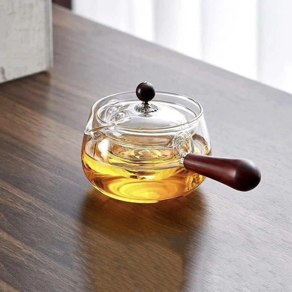 Dispensador de té de vidrio, tetera giratoria de 360 grados, tetera grande resistente al calor con mango, taza justa transparente, filtro de té