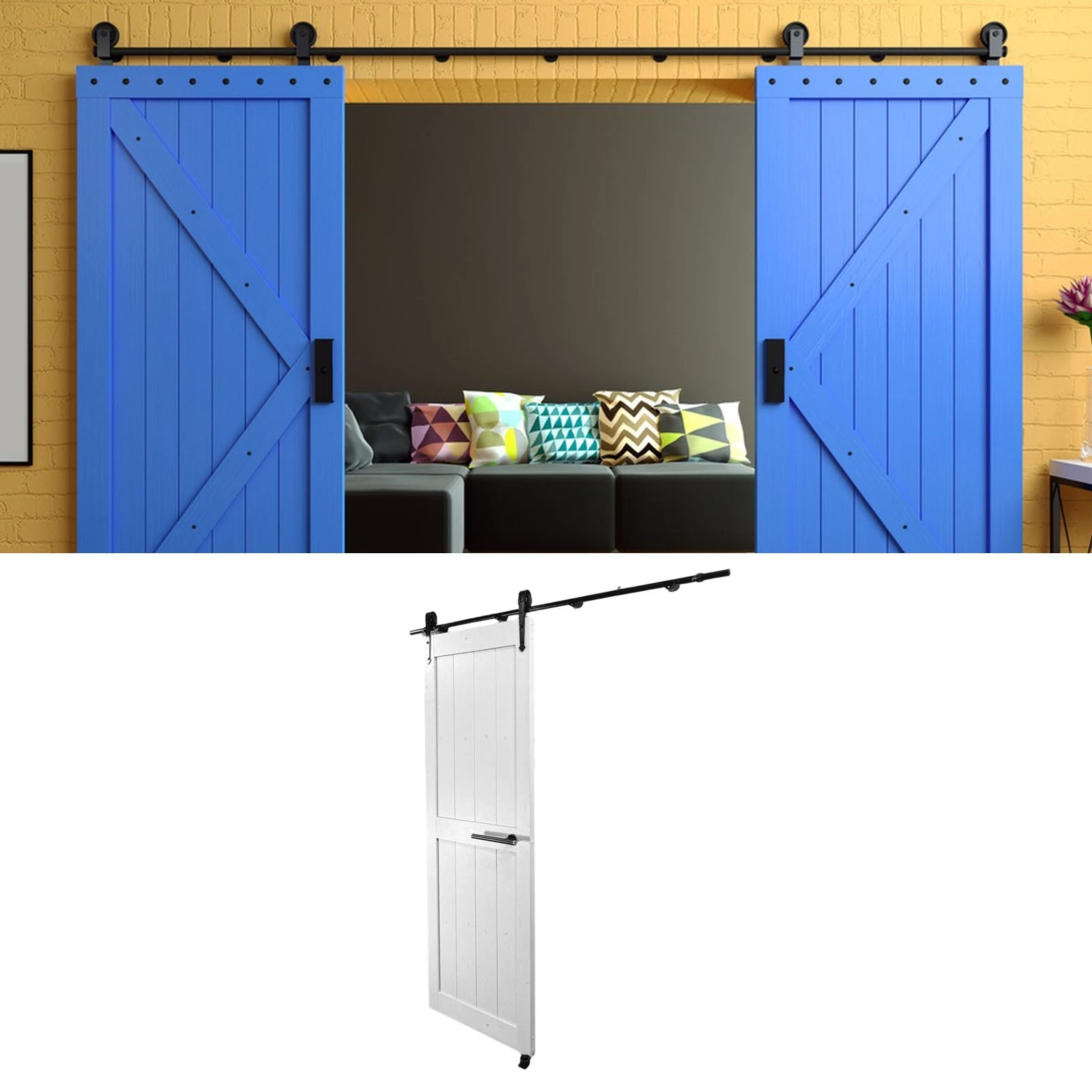 

Дверная фурнитура 6 футов, комплект фурнитуры для раздвижных дверей сарая для двойных деревянных дверей, сверхмощная, простая установка, черный обходной сарай