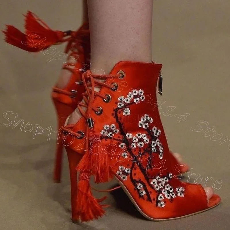 

Red Floral Embroidery Design Silk Peep Toe Sandals Back Strap Women Shoes Thin High Heels Party Banquet 2025 Zapatos Para Mujere