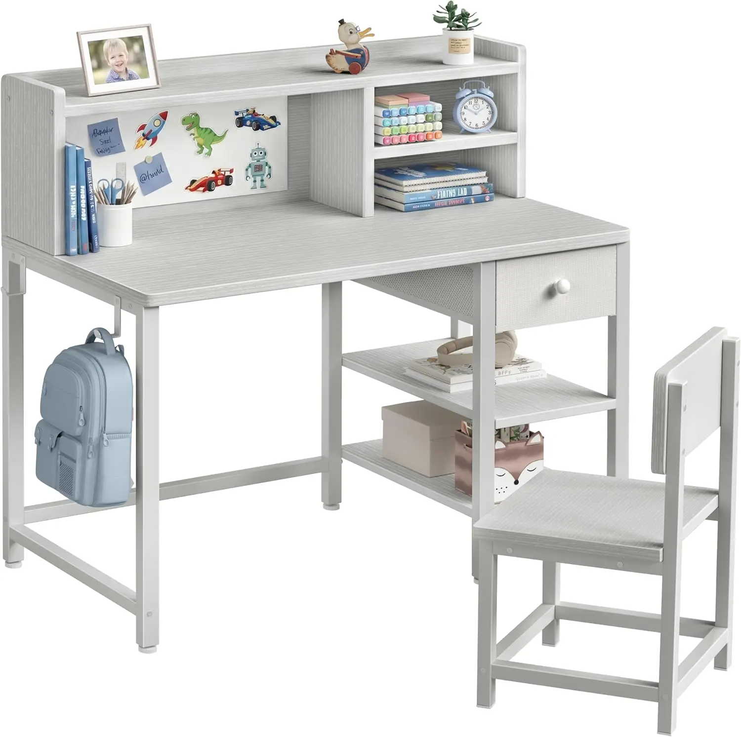 

Grey Kids Desk and Chair Set with Hutch and Storage Shelf for 6-12 Year Old, Children Study Desk, Student Writing Table with Fab