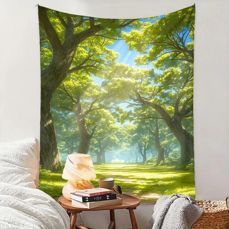 1PC Green Forest Tree Art Print Backdrop Banner, Bedroom Living Room Photo Background, Polyester, Home Decor, Wall Art
