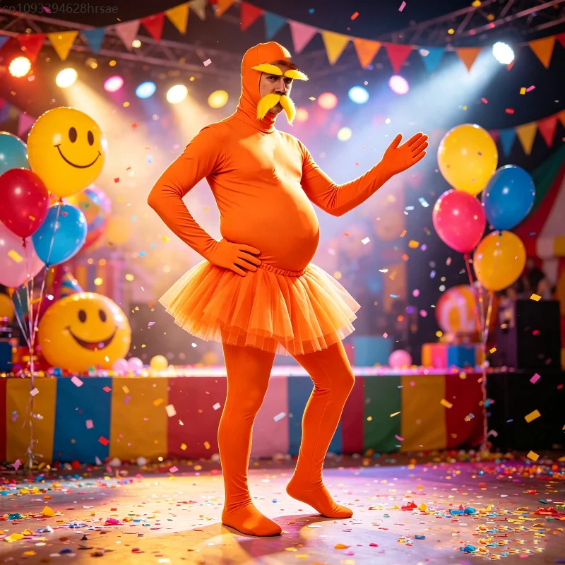 Lustiger orangefarbener Ganzkörperanzug für Erwachsene, Unisex, mit Tutu-Rock, gelbem Schnurrbart und Augenbrauen-Set, Kostüm für Maskerade, Themenparty, Cosplay.