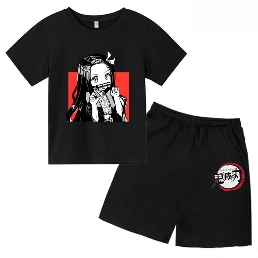 Brand Anime Demon Slayer Kamado Nezuko Print Kids Cotton T-Shirts Shorts Set Girls Clothes Baby Boys 2024 Summer Children Set