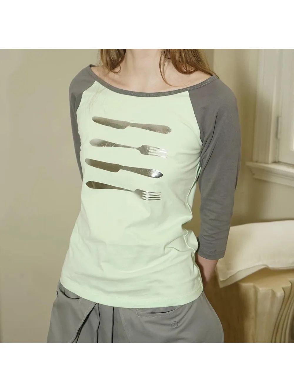 Women Raglan Three Quarter Sleeve Boat Neck T Shirt Cutlery Print Slim Fit Casual Daily Wear Tee For Ladies Streetwear