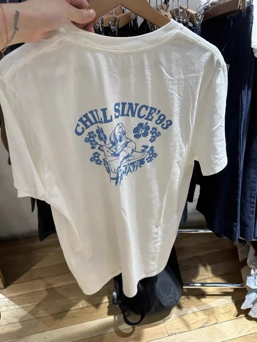 2024 Fashion Loose Long White T-Shirt Blue Dinosaur Short Sleeve Summer T-shirt For Women Tee Round Neck Y2k Pullover Top
